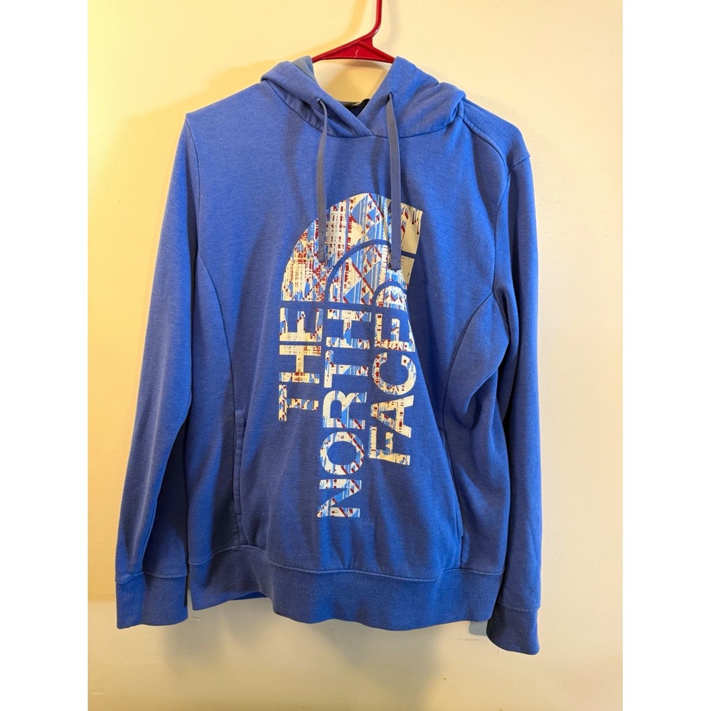 The North Face Blue Pullover Hoodie Fleece Graphic Logo Pockets Women's L